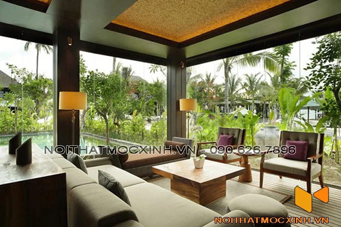 thiết kế nội thất phòng khách biệt thự hiện đại gần gũi thiên nhiên