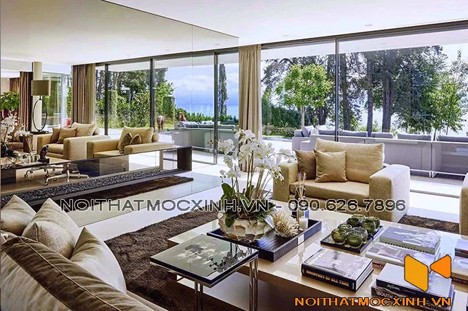 thiết kế nội thất phòng khách biệt thự hiện đại gắn kết thiên hiên