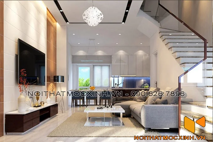 thiết kế nội thất phòng khách nhà phố nhẹ nhàng