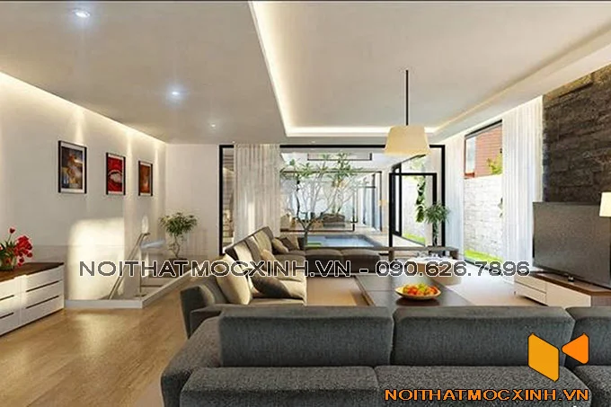 thiết kế nội thất phòng khách trên tầng 2 nhà phố