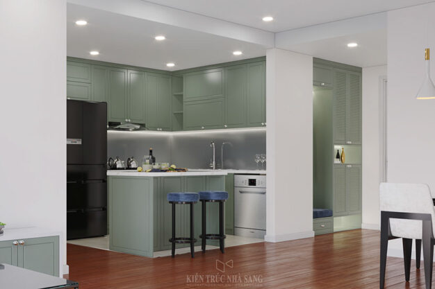 thiết kế bếp với màu sắc trẻ trung năng động của căn hộ chung cư Homeland Long Biên